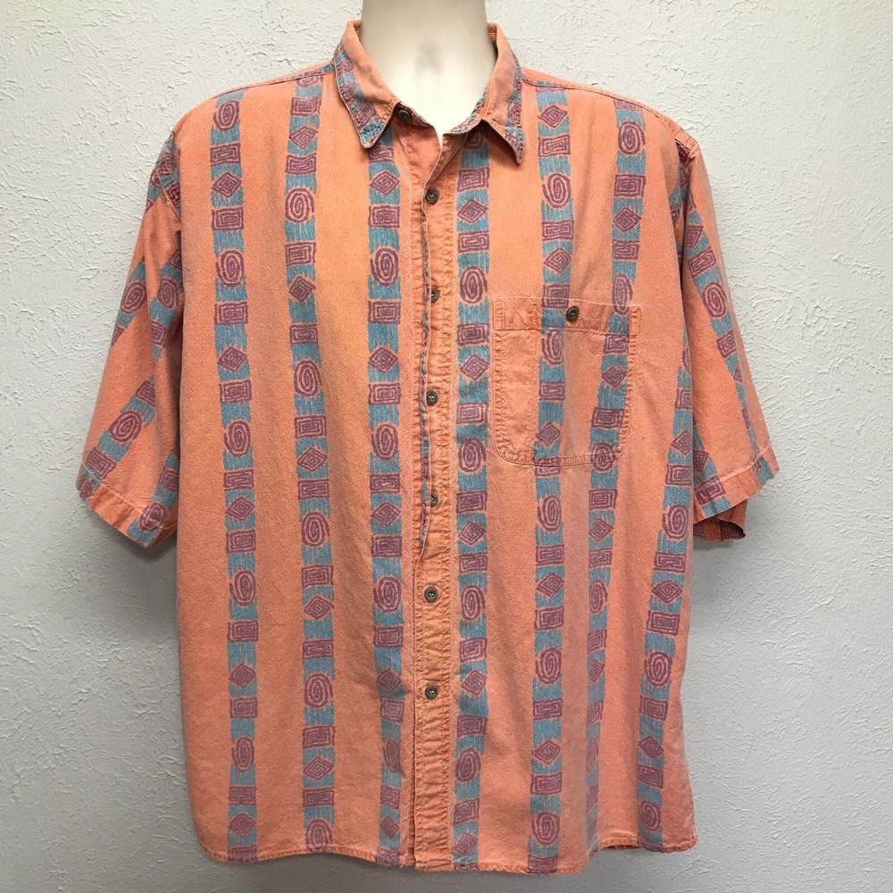 Vintage 90s Pier Connection Shirt L Aztec Tribal Southwest Pattern Peach Cotton